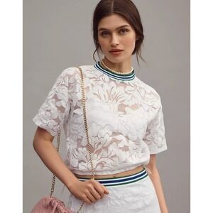 Maeve Anthropologie Short-Sleeve Cropped Lace Pullover Top White Coastal Preppy